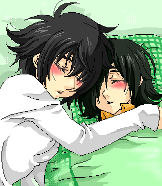 setsuna f. seiei, gundam, gundam 00, lowres, 00s, 1boy, 1girl, blush, dual persona, genderswap, genderswap (mtf), oekaki