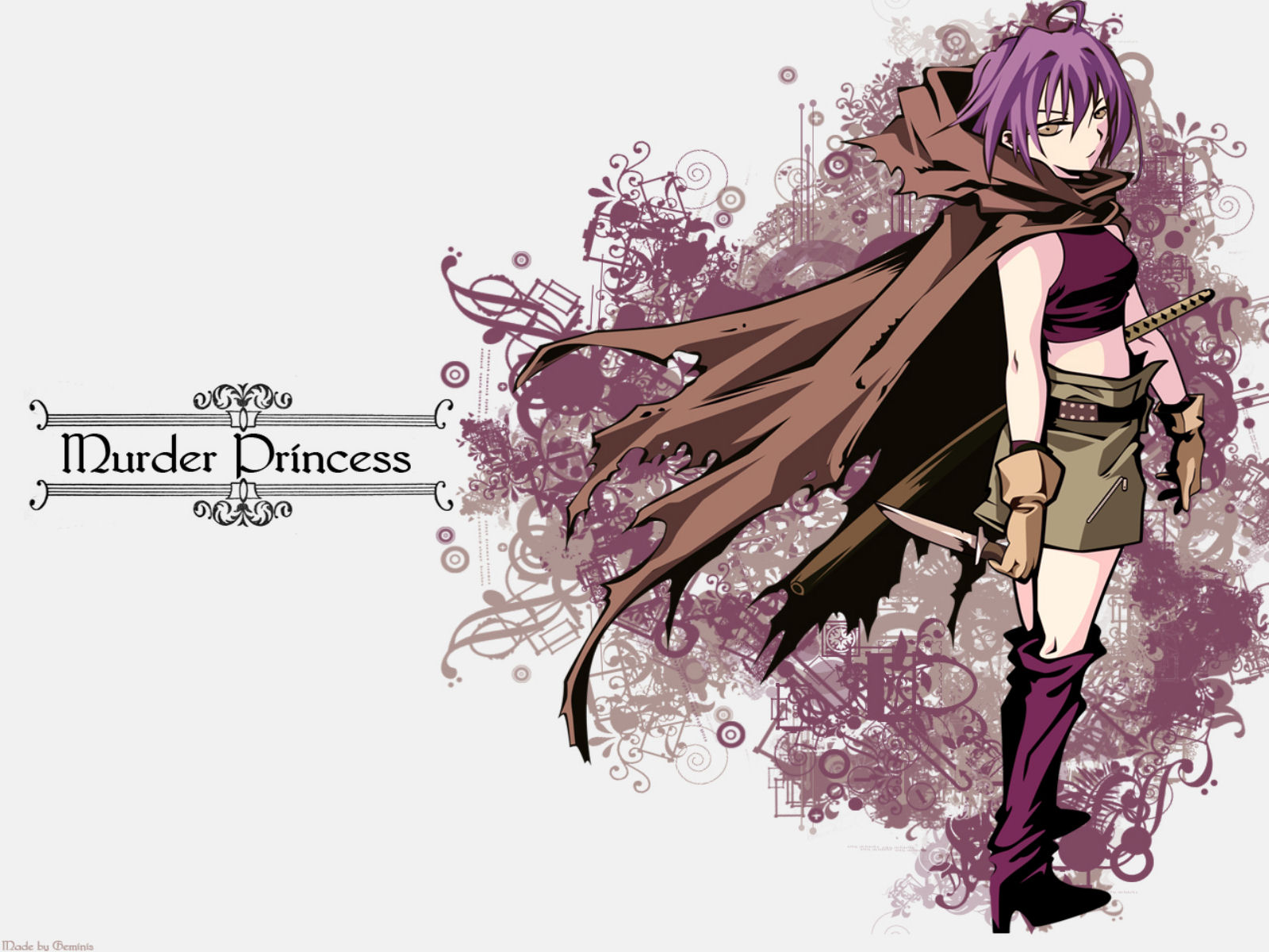 falis (murder princess), murder princess, highres, 00s, gloves, knife, midriff, purple hair, short hair