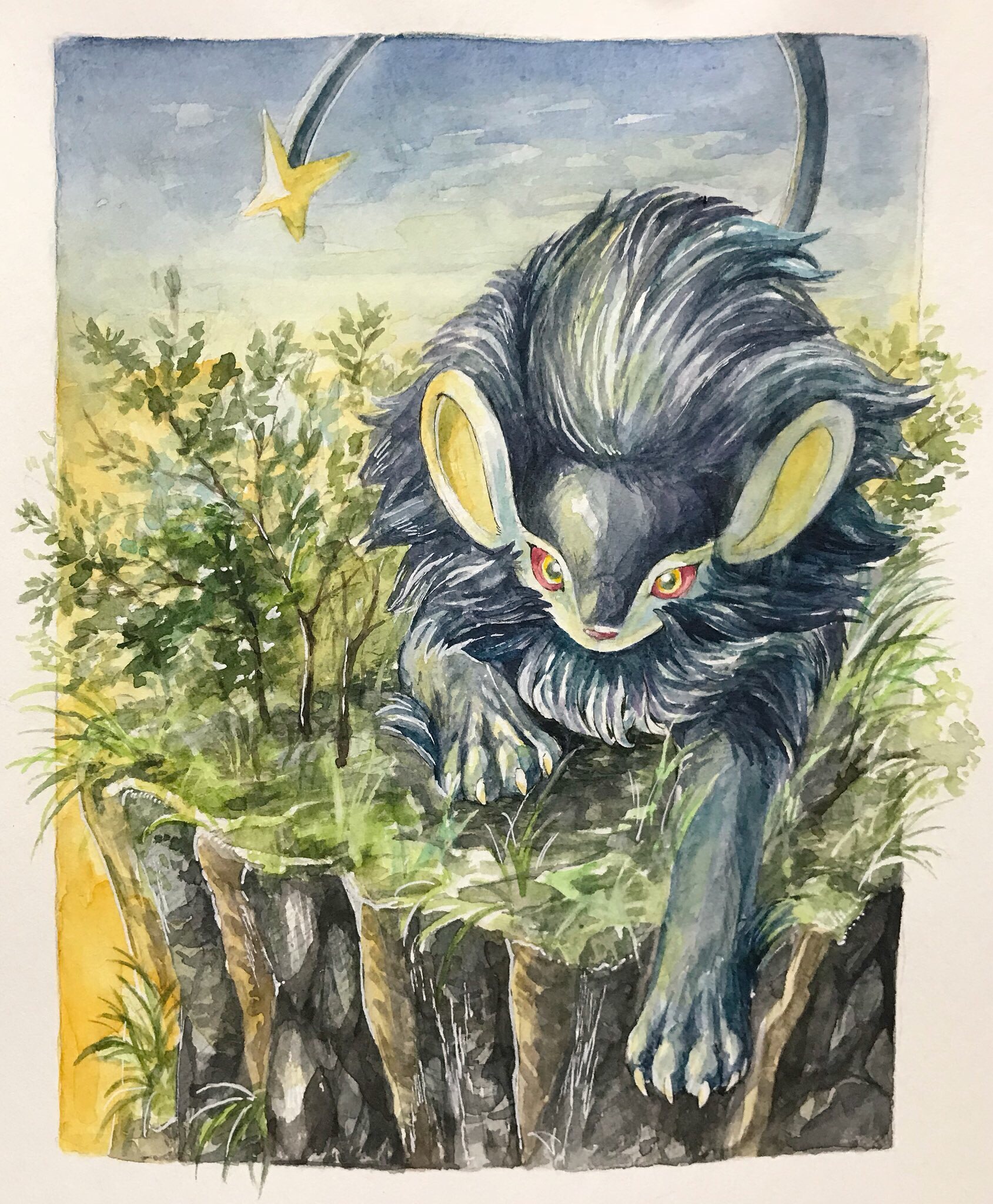 mint nappa, luxray, nintendo, pokemon, commentary request, highres, painting (medium), traditional media, watercolor (medium), animal focus, border, claws, cliff, colored sclera, gen 4 pokemon, grass, looking at viewer, no humans, outdoors, plant, pokemon (creature), red sclera, sky, solo, white border