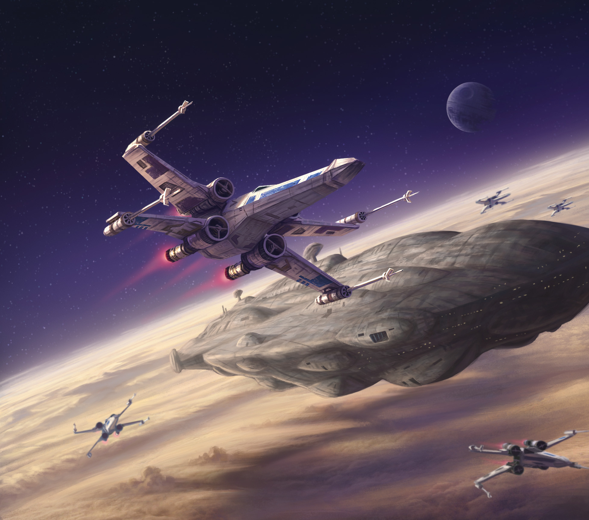 death star, x-wing, star wars, star wars: return of the jedi, highres, mc80a star cruiser, no humans, planet, spacecraft, t-65 x-wing, tim brumley