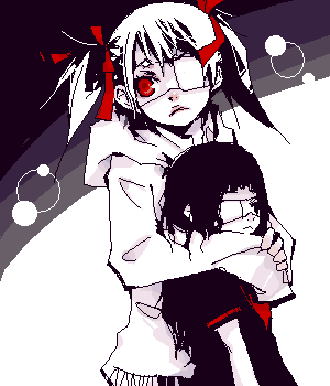 lowres, eyepatch, hood, hoodie, oekaki, ribbon, twintails