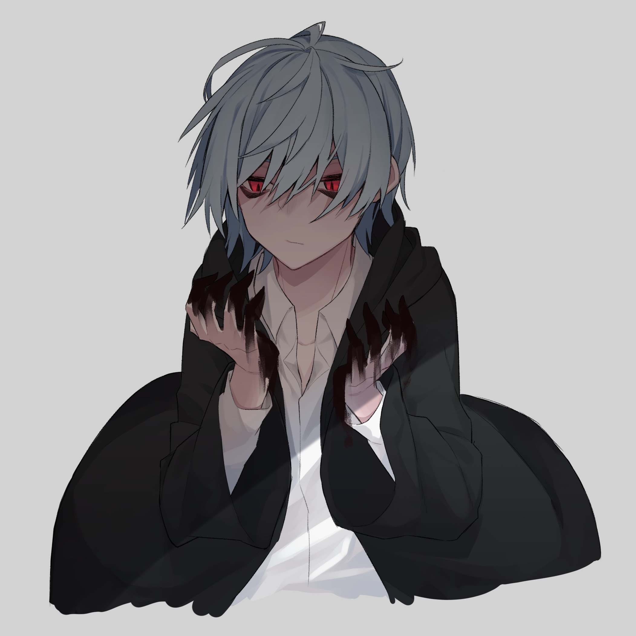mori b mori, servamp, highres, 1boy, alternate costume, bags under eyes, black jacket, blue hair, grey background, jacket, male focus, red eyes, shirt, short hair, sleepy ash, white shirt
