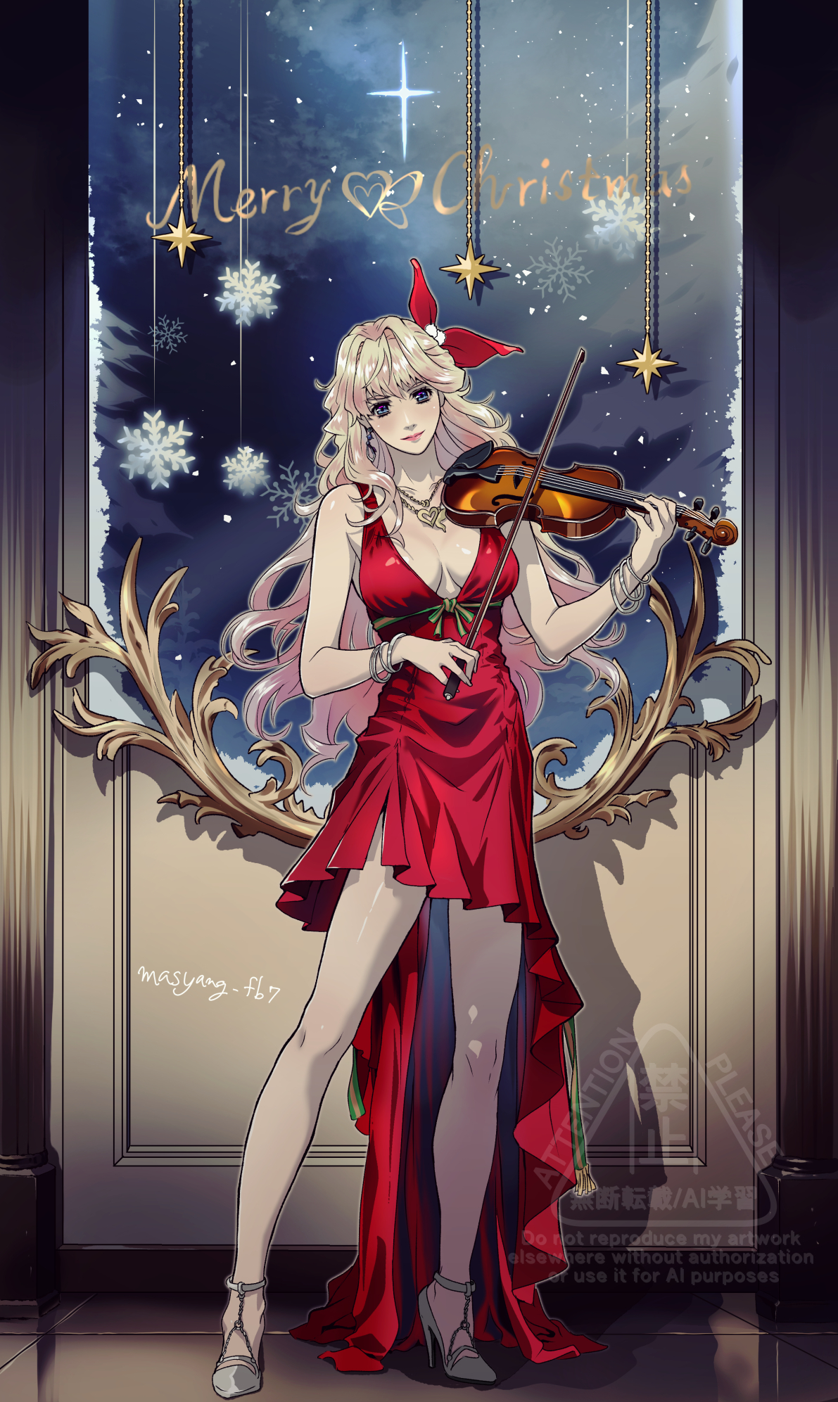 ryu (masu nantoka-san), sheryl nome, macross, macross frontier, highres, 1girl, blonde hair, blue eyes, bow, bow (music), bracelet, breasts, dress, earrings, full body, hair bow, heart, heart necklace, high heels, holding, holding bow (music), holding instrument, instrument, jewelry, long hair, looking at viewer, medium breasts, merry christmas, multiple bracelets, music, necklace, playing instrument, red bow, red dress, shoes, single earring, single hair intake, solo, violin