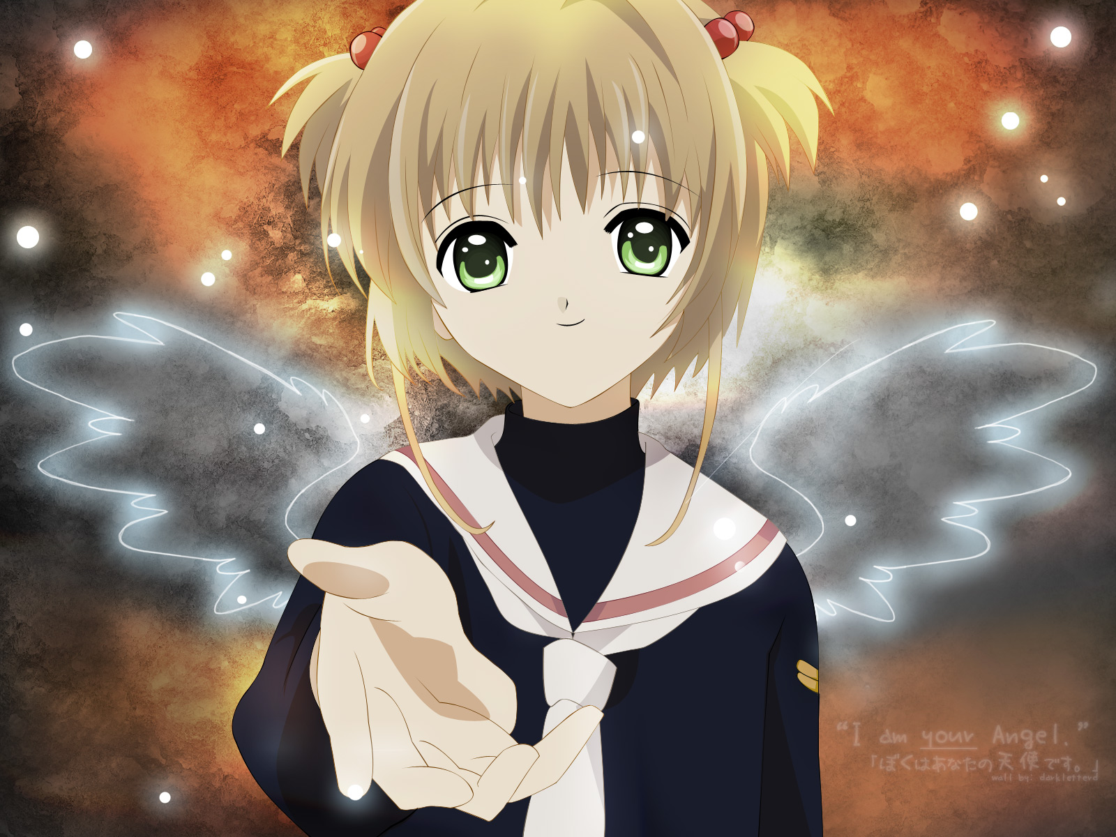 kinomoto sakura, cardcaptor sakura, highres, 1990s (style), 1girl, brown hair, child, green eyes, looking at viewer, retro artstyle, short hair, smile, wings