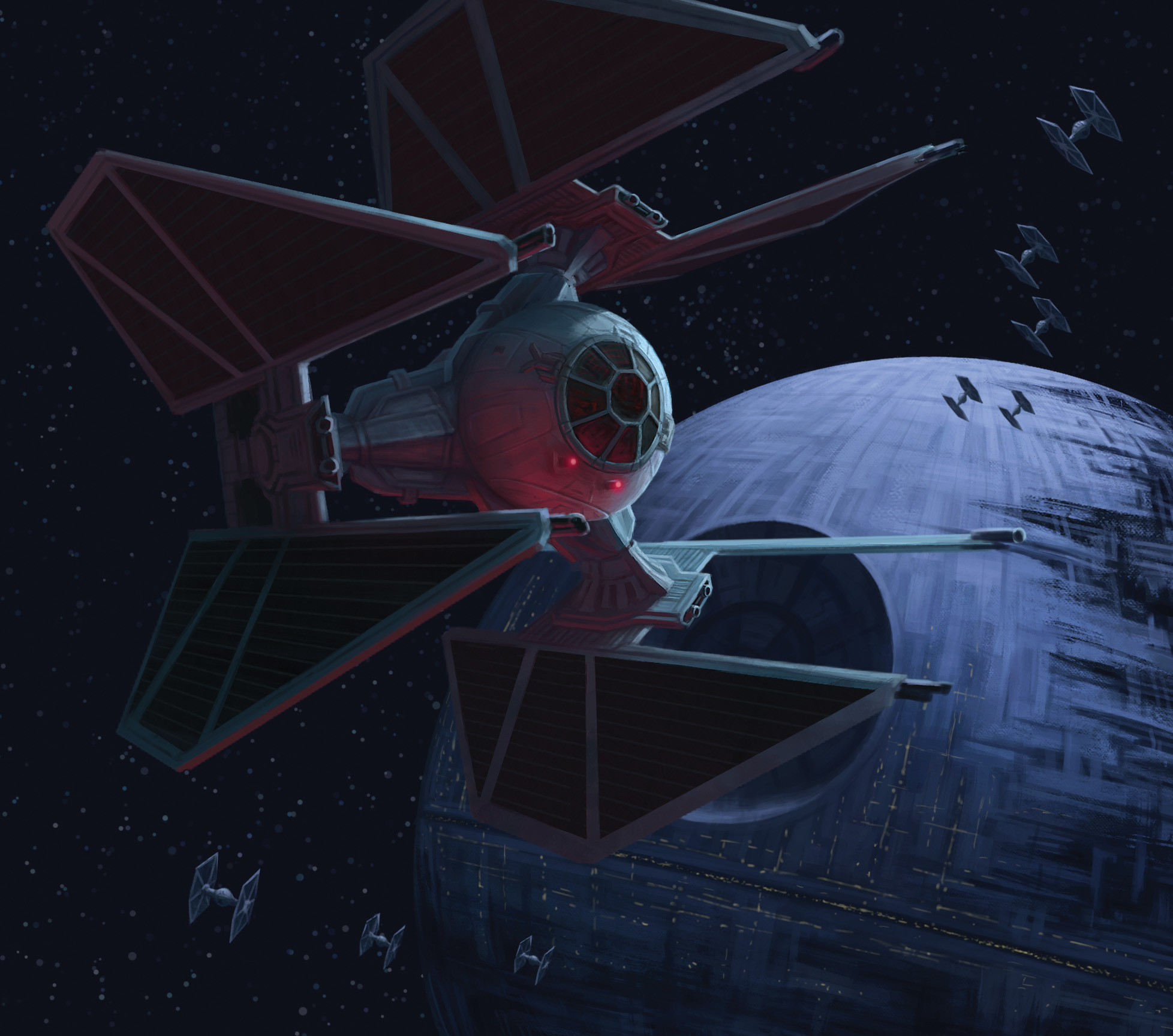 death star, tie fighter, star wars, highres, no humans, space, spacecraft, tie defender, tim brumley