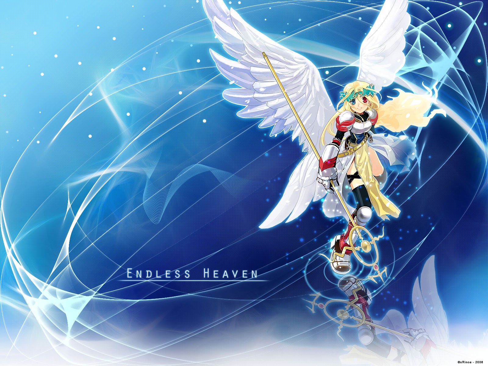 ragnarok online, highres, tagme, angel wings, blonde hair, blue eyes, gauntlets, heterochromia, long hair, red eyes, staff, thighhighs, valkyrie, wings