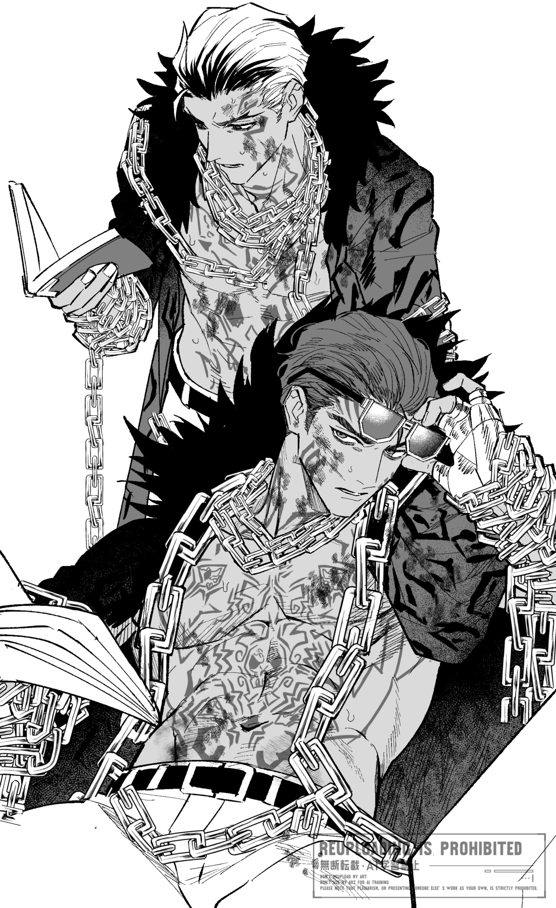 limbus company, project moon, absurdres, highres, 2boys, arm tattoo, belt, book, chain, chain necklace, chest tattoo, facial tattoo, greyscale, hair slicked back, holding, holding book, jewelry, looking at viewer, male focus, monochrome, multiple boys, muscular, muscular male, necklace, open mouth, pants, pnduyr, ricardo (project moon), simple background, stomach tattoo, sunglasses, tattoo, werner (project moon)