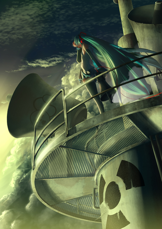 yonasawa, hatsune miku, koi wa sensou (vocaloid), vocaloid, cloud, detached sleeves, green hair, long hair, megaphone, solo, thighhighs