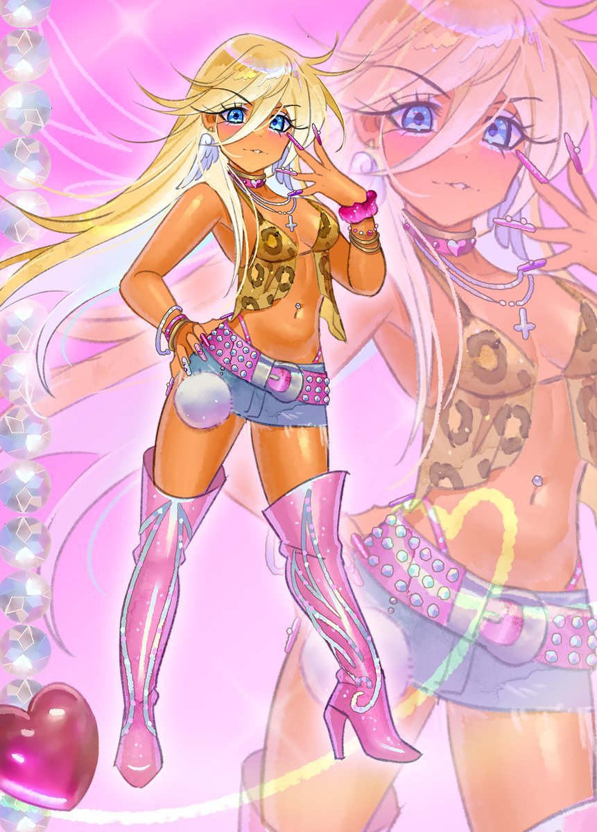 botjira, panty (psg), panty & stocking with garterbelt, highres, 1girl, animal print, blonde hair, blue eyes, breasts, cleavage, colored inner hair, dark-skinned female, dark skin, darkened skin, earrings, fake nails, ganguro, gyaru, jewelry, leopard print, long hair, looking at viewer, multicolored hair, nail polish, navel, panty straps, pink nails, scrunchie, skirt, solo, tan, wrist scrunchie