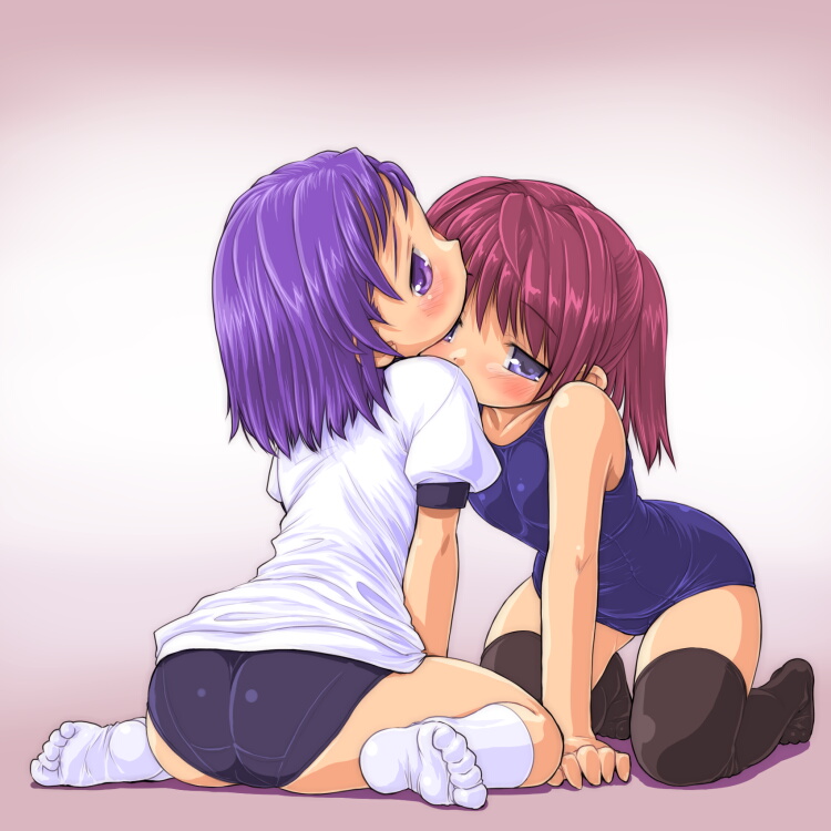 dd (ijigendd), original, bad id, bad pixiv id, 2girls, ass, blush, buruma, feet, gym uniform, kneeling, loli, multiple girls, one-piece swimsuit, purple eyes, purple hair, red hair, school swimsuit, socks, swimsuit, thighhighs, yuri