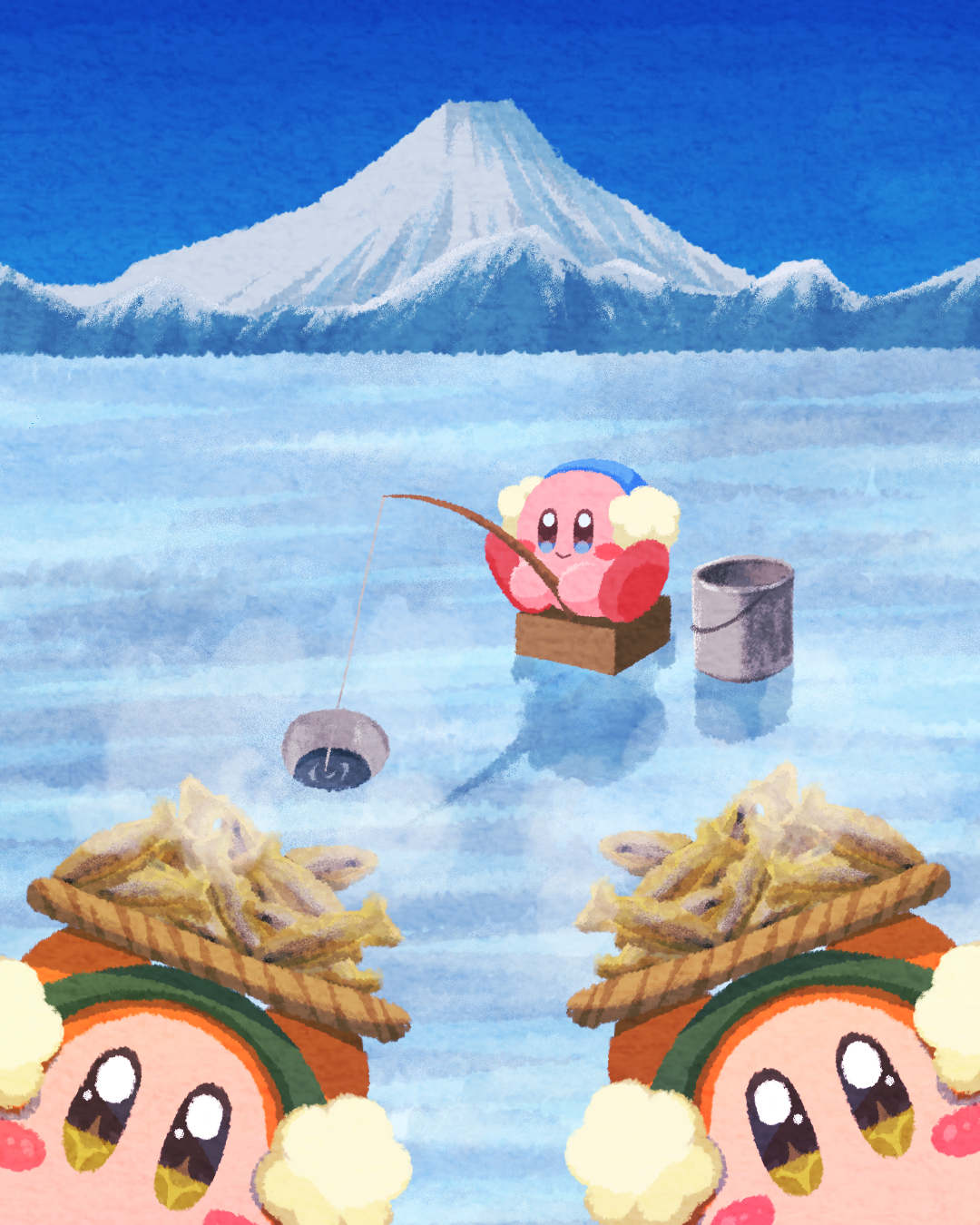 miclot, kirby, waddle dee, kirby (series), nintendo, commentary request, highres, + +, blue eyes, blue sky, blush stickers, brown eyes, bucket, closed mouth, day, earmuffs, fishing, fishing rod, holding, holding fishing rod, ice, ice fishing, mountain, no humans, outdoors, sky, smile, snow, winter