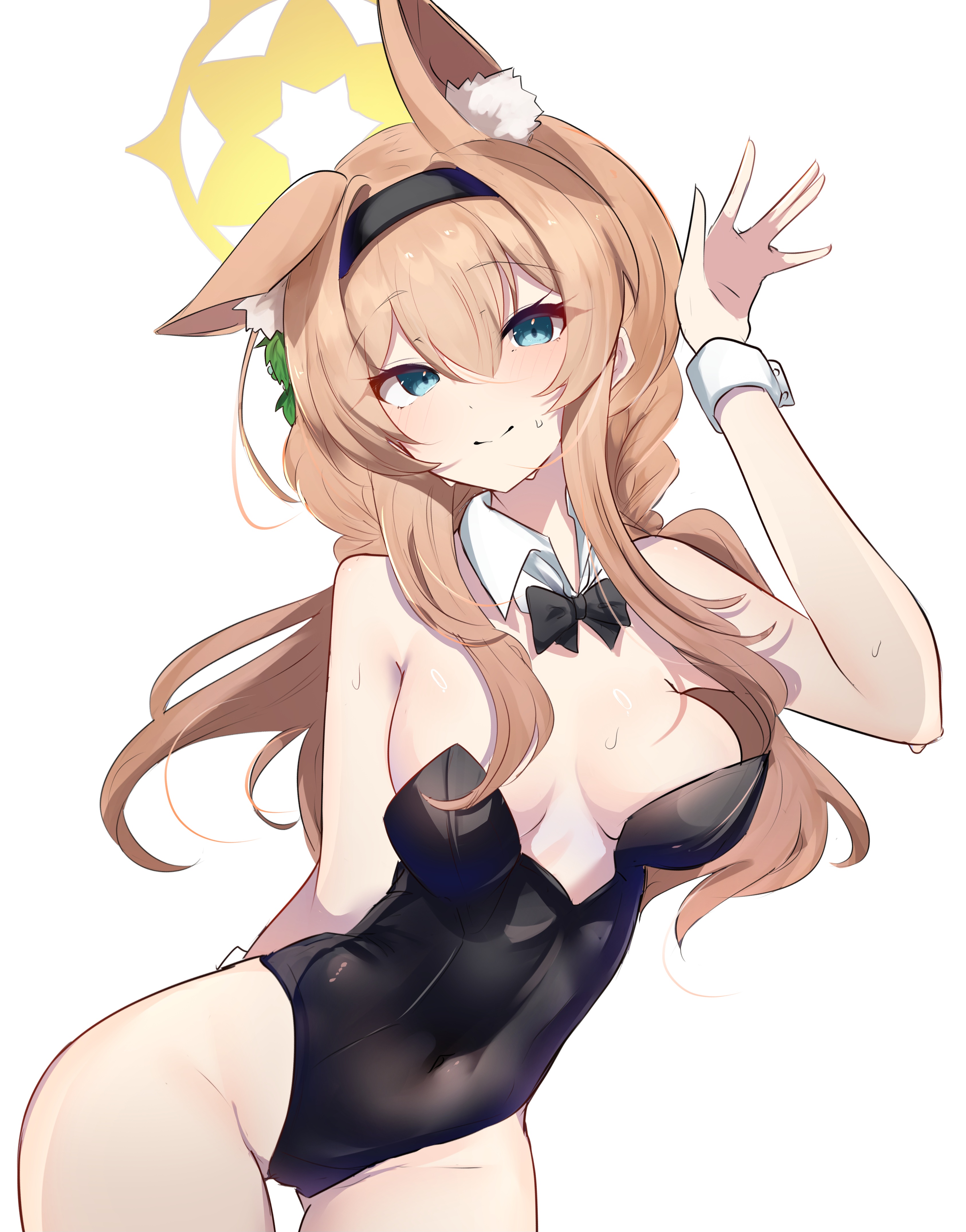 teik0p, mari (blue archive), blue archive, absurdres, highres, 1girl, alternate costume, animal ear fluff, animal ears, black bow, black bowtie, black hairband, black leotard, blue eyes, bow, bowtie, breasts, cat ears, cat girl, closed mouth, cowboy shot, detached collar, hairband, halo, leotard, long hair, medium breasts, orange hair, simple background, smile, solo, sweatdrop, white background, wrist cuffs, yellow halo