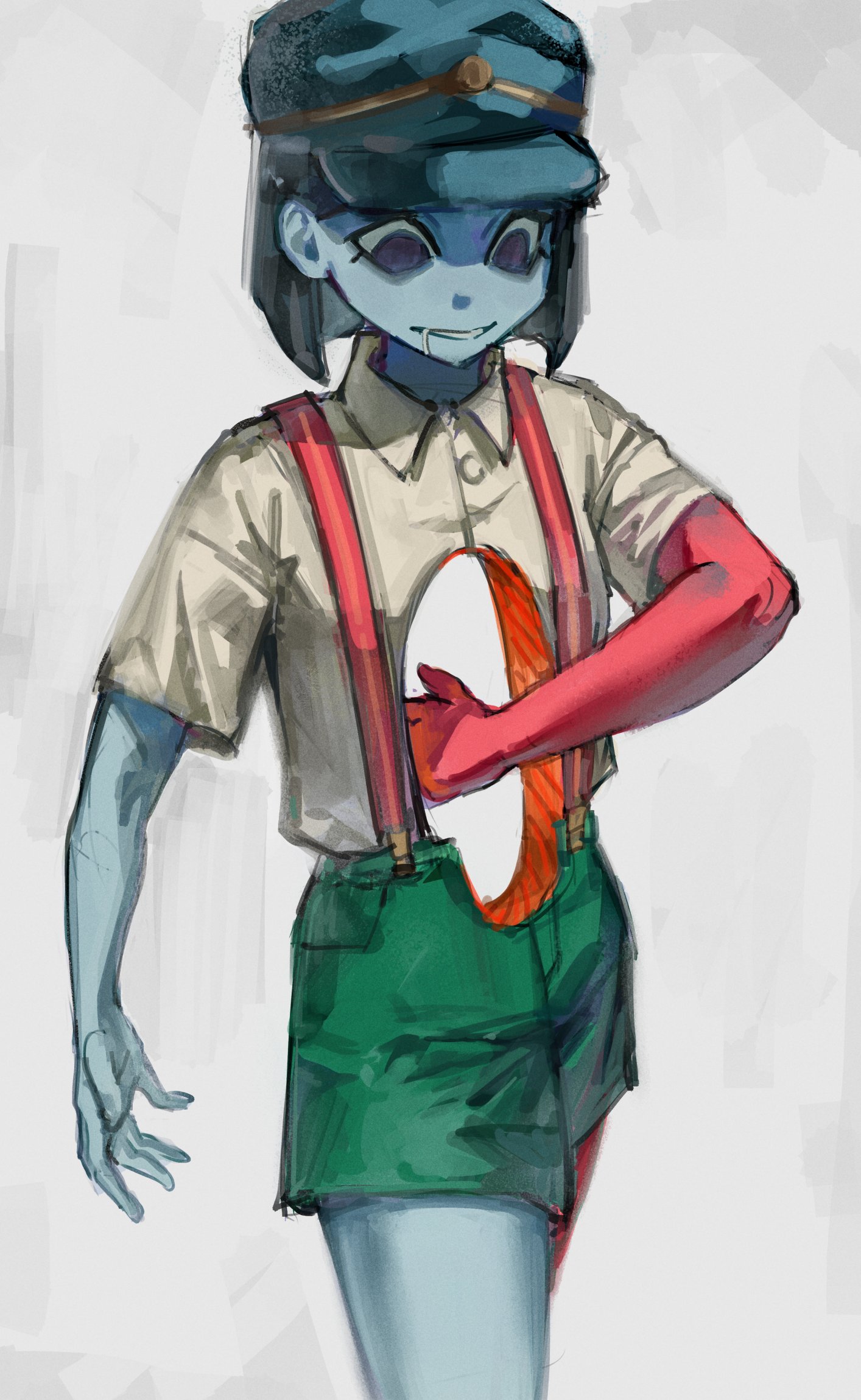 tilltired, ena (dream bbq), hangover ena, ena: dream bbq, ena (series), highres, 1girl, black hair, blunt ends, bob cut, colored skin, ena (species), grey skin, hat, hole in chest, hole in stomach, hole on body, multicolored skin, red skin, shirt, short sleeves, simple background, solo, two-tone skin