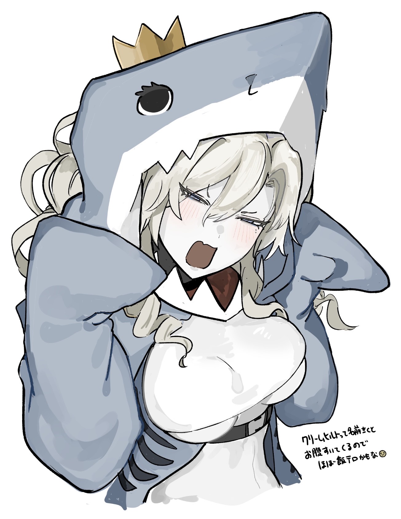 nyokinyoki 18, kriemhild (fate), fate/grand order, fate (series), highres, translation request, 1girl, animal costume, animal hood, blush, breasts, crown, grey eyes, hood, kriemhild (swimsuit rider) (fate), kriemhild (swimsuit rider) (second ascension) (fate), large breasts, long hair, long sleeves, looking at viewer, mini crown, open mouth, shark costume, shark hood, solo, underboob, white hair