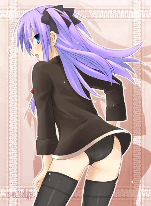 hiiragi kagami, lucky star, third-party edit, 00s, blue eyes, hair ribbon, purple hair, ribbon, solo, thighhighs, twintails