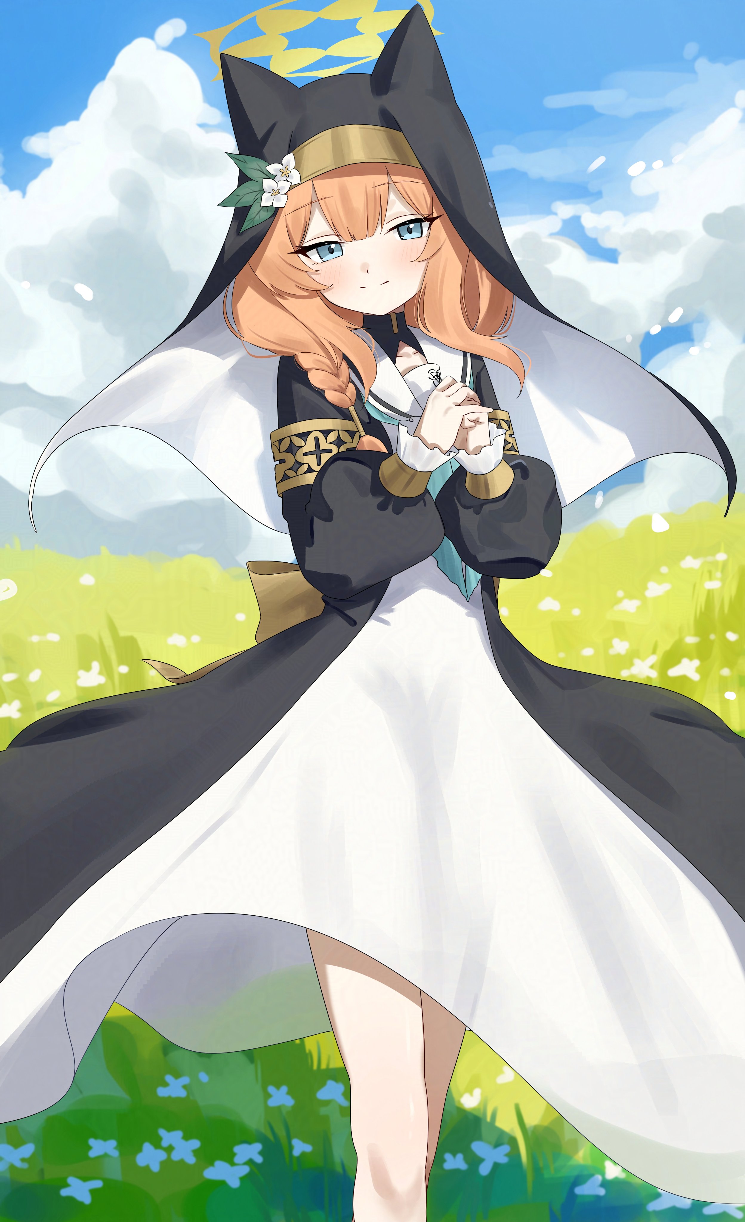 d (delt4), mari (blue archive), absurdres, highres, 1girl, blonde hair, blue eyes, blue sky, breasts, day, halo, looking at viewer, nun, outdoors, sky, small breasts, solo, standing, yellow halo