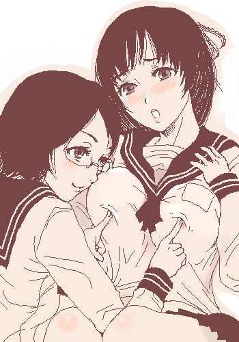 lowres, 2girls, :o, blush, breast lift, breasts, glasses, monochrome, multiple girls, oekaki, open mouth, pink theme, poking, poking another's breast, school uniform, serafuku, short hair