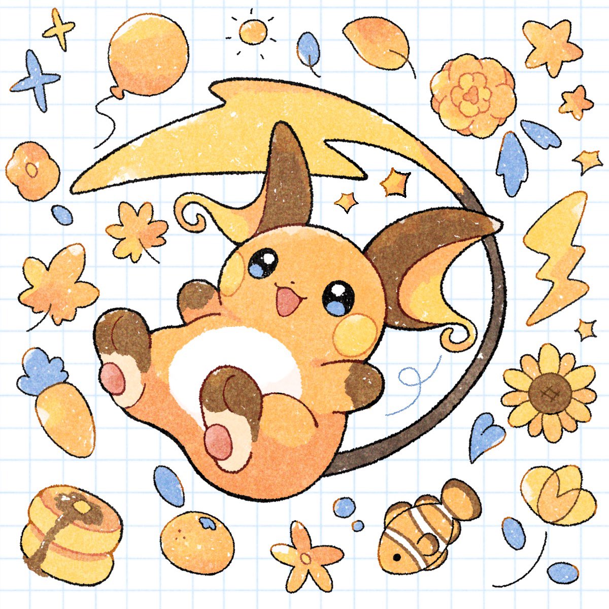 appyon (archangel ayp), raichu, nintendo, pokemon, commentary, highres, symbol-only commentary, :3, :d, balloon, blue eyes, fish, flower, food, full body, gen 1 pokemon, grid background, leaf, no humans, open mouth, pancake, pokemon (creature), pokemon focus, smile, solo, sunflower, white background