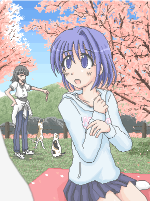 lowres, tagme, blue hair, calico (pattern), calico cat, cat, cherry blossoms, oekaki