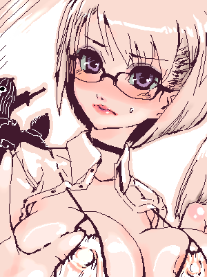 artist request, character request, lowres, 1girl, bikini, breasts, glasses, medium breasts, monochrome, nipples, oekaki, solo focus, swimsuit
