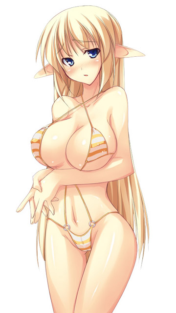 shimakaze (soundz of bell), original, 1girl, blonde hair, blue eyes, blush, breasts, elf, female focus, huge breasts, long hair, pointy ears, simple background, slingshot swimsuit, solo, swimsuit, white background