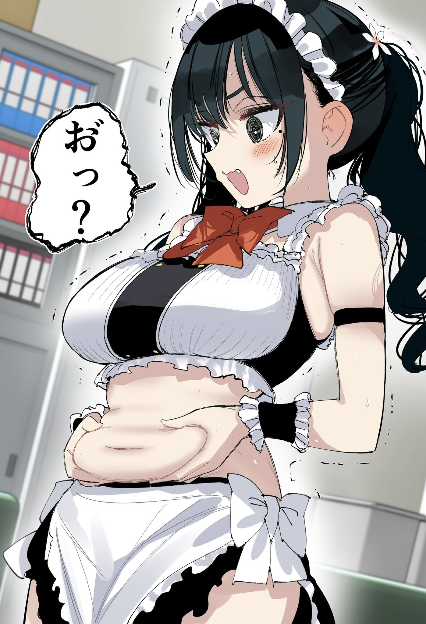 nikumaru, ruriha rura, bad girl (manga), commentary request, highres, 1girl, @ @, bikini, black hair, blush, bow, bowtie, fang, flower, frilled wrist cuffs, frills, grabbing own stomach, hair flower, hair ornament, long hair, maid, maid bikini, maid headdress, mole, mole under eye, plump, red bow, red bowtie, solo, swimsuit, twintails, unconventional maid, wrist cuffs