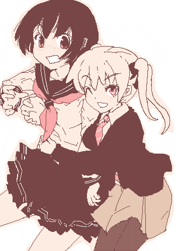 lowres, 2girls, breasts, grabbing another's breast, groping, monochrome, multiple girls, oekaki, pantyhose, pink theme, school uniform, serafuku, twintails