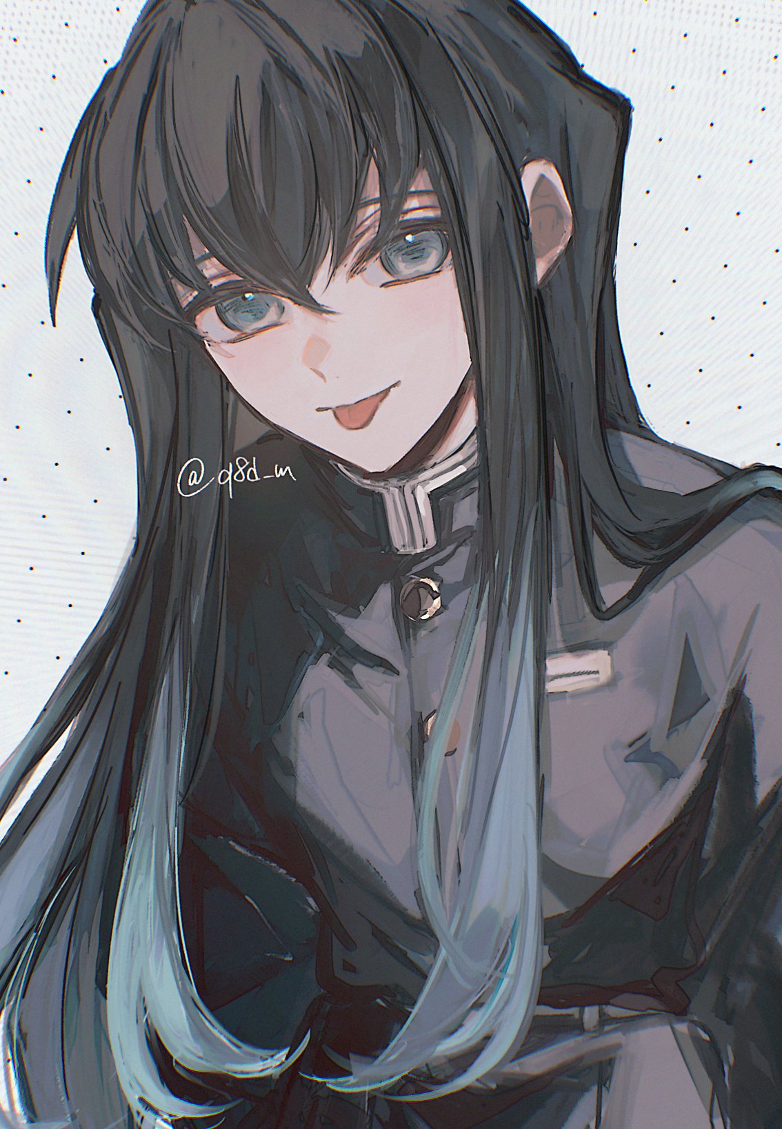 tokitou muichirou, kimetsu no yaiba, highres, 1boy, aqua eyes, aqua hair, black hair, black jacket, black pants, buttons, closed mouth, gold buttons, jacket, long hair, long sidelocks, looking at viewer, male focus, multicolored hair, pants, q8d m, sidelocks, smile, solo, tongue, tongue out, twitter username, two-tone hair, upper body, white background