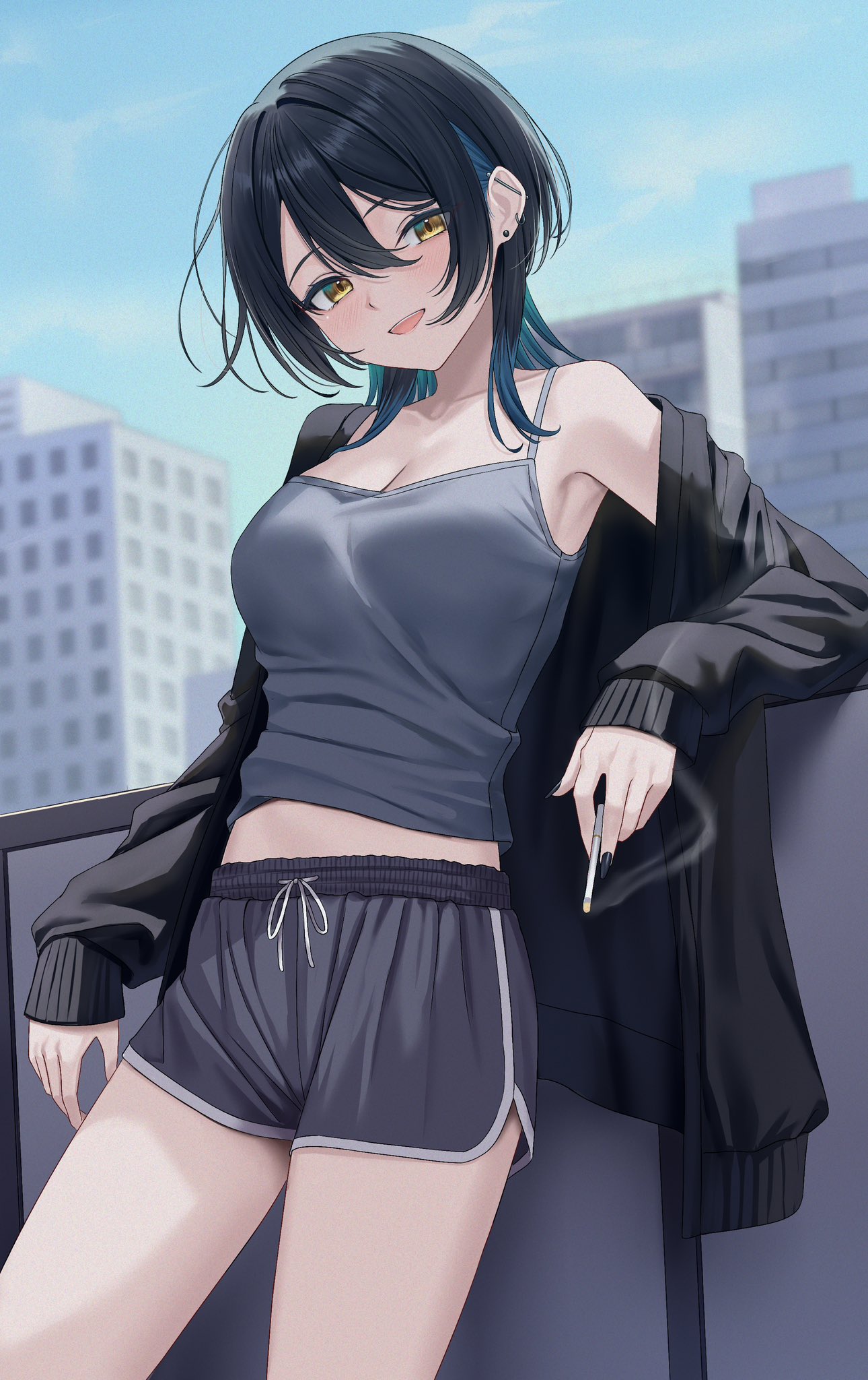 rama (yu-light8), highres, 1girl, barbell piercing, black hair, black jacket, black nails, black shorts, blue hair, blush, breasts, building, camisole, cigarette, city, day, double-parted bangs, ear piercing, earrings, from side, gradient hair, grey camisole, holding, holding cigarette, jacket, jewelry, large breasts, leaning on object, long hair, long sleeves, looking at viewer, multicolored hair, nail polish, open clothes, open jacket, open mouth, piercing, shorts, sky, smile, smoke, smoking, solo, thighs, wolf cut, yellow eyes