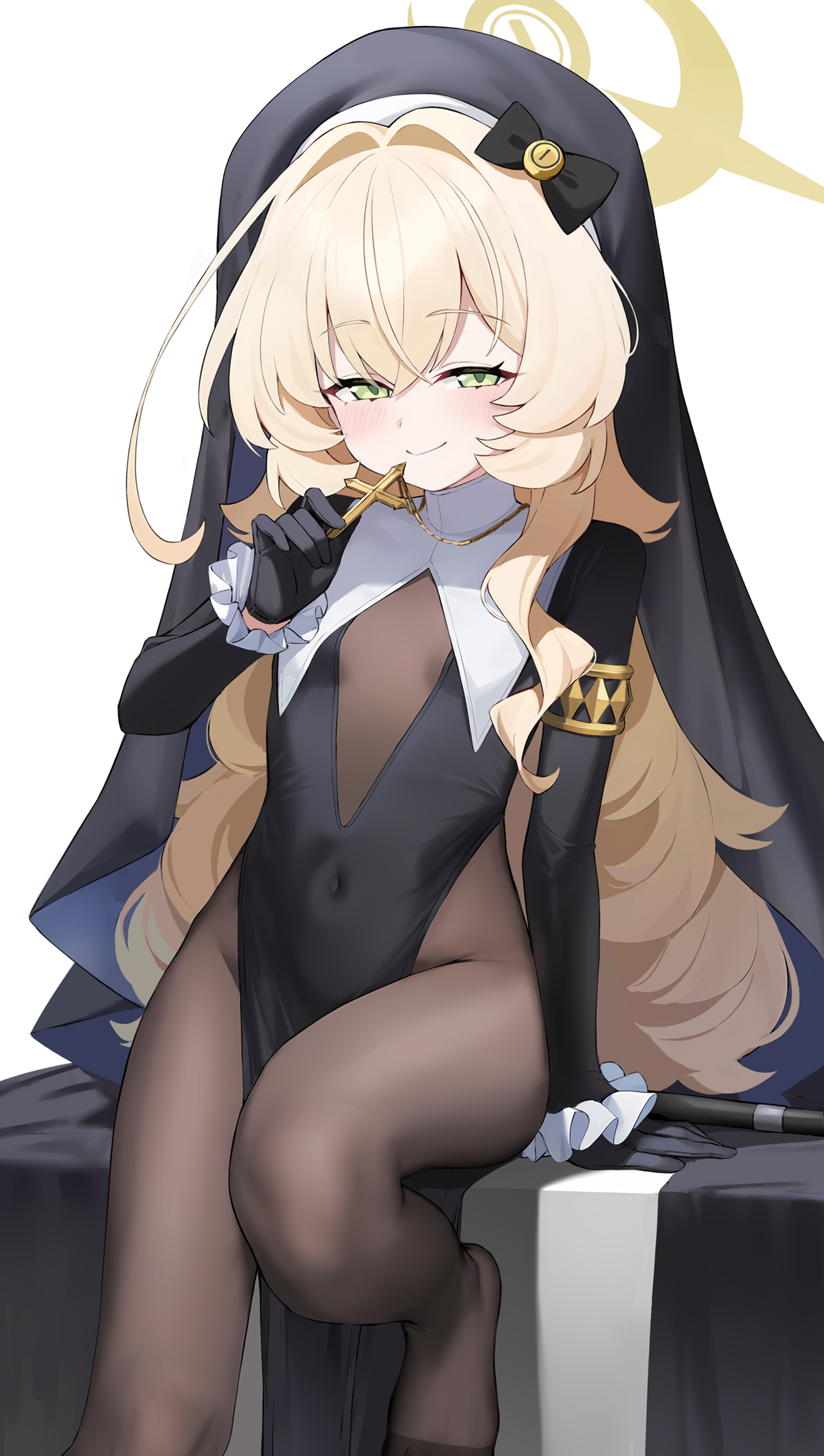 dombear, professor niyaniya (blue archive), blue archive, fluffy hair, commentary request, highres, 1girl, alternate costume, arm support, black bow, black dress, black gloves, black pantyhose, black veil, blonde hair, blush, bodystocking, bow, breasts, cane, closed mouth, coif, covered navel, cross, cross necklace, dress, frilled sleeves, frills, gloves, green eyes, hair between eyes, hair intakes, half-closed eyes, halo, hand up, holding, holding cross, holding jewelry, holding necklace, jewelry, long hair, looking at viewer, necklace, nun, pantyhose, pelvic curtain, side ahoge, simple background, sitting, small breasts, smile, solo, veil, white background, yellow halo