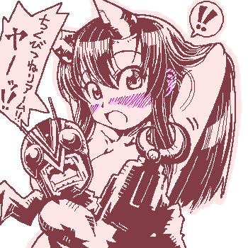 riderman, kamen rider, lowres, !, !!, 1girl, arms up, blush, breasts, censored, character censor, cleavage, demon girl, horns, monochrome, novelty censor, oekaki, oni, pink theme, spot color