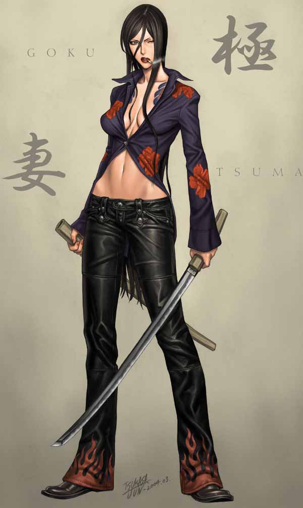 juntsukasa, tsukasa jun, azami (tsukasa jun), original, jpeg artifacts, 1girl, artist name, black hair, breasts, breasts apart, buttons, cigarette, cleavage, dated, dress shirt, female focus, flame print, floral print, full body, hair between eyes, hip bones, holding, holding weapon, katana, leather, leather pants, lipstick, long hair, long sleeves, looking at viewer, makeup, midriff, mouth hold, nail polish, navel, no bra, one eye closed, open clothes, open shirt, pants, parted bangs, parted lips, red lips, red nails, sheath, shirt, sidelocks, signature, smoke, smoking, solo, standing, sword, tattoo, unsheathed, very long hair, weapon, wide hips, wing collar, yakuza