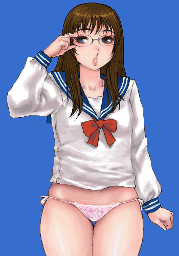 matoyama, lowres, 1girl, adjusting eyewear, blue background, blue eyes, brown hair, female focus, glasses, long hair, no pants, oekaki, panties, school uniform, serafuku, side-tie panties, solo, underwear