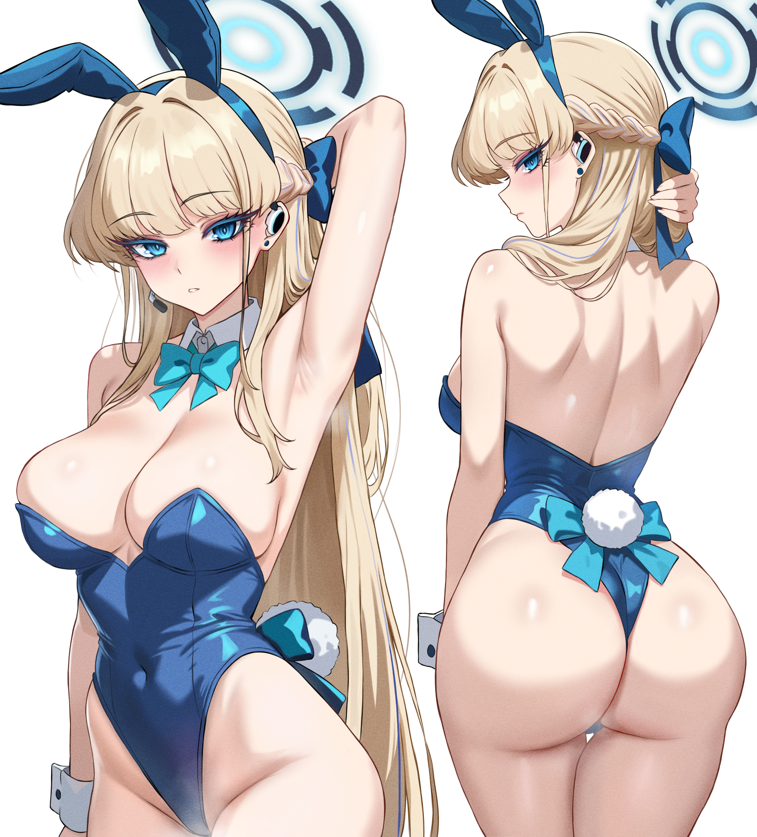 lansulynn, toki (blue archive), toki (bunny) (blue archive), blue archive, highres, paid reward available, 1girl, animal ears, aqua bow, aqua bowtie, arm up, armpits, ass, bare arms, bare shoulders, blonde hair, blue eyes, blue hair, blue hairband, blue halo, blue leotard, blush, bow, bowtie, breasts, cleavage, closed mouth, covered navel, detached collar, fake animal ears, fake tail, hair ornament, hairband, halo, highleg, highleg leotard, large breasts, leotard, long hair, looking back, multiple views, official alternate costume, official alternate hairstyle, parted lips, playboy bunny, rabbit ears, rabbit tail, tail, white background, wrist cuffs