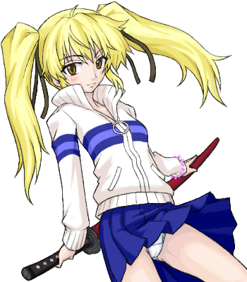 shimizu raimei, nabari no ou, lowres, 00s, blonde hair, oekaki, panties, solo, sword, twintails, underwear, weapon