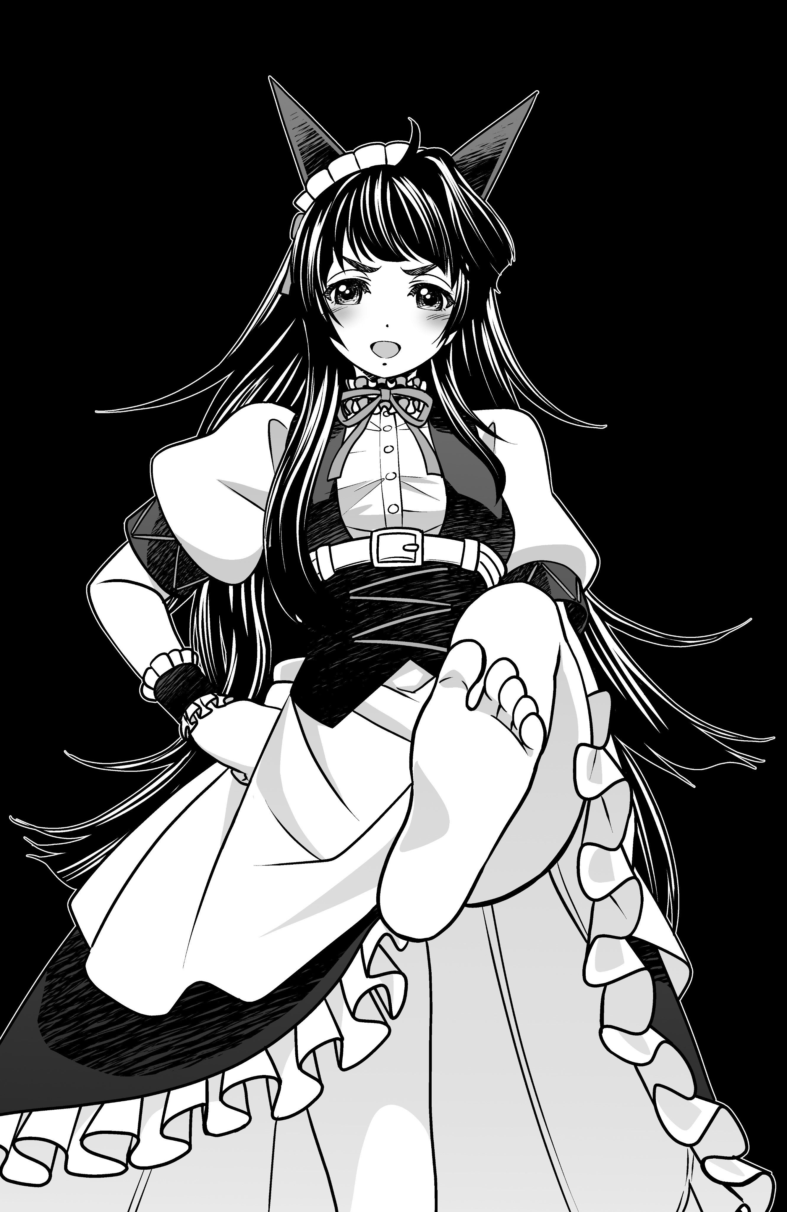 eibon, hiyajou maho, science adventure, steins;gate, steins;gate 0, shiny eyes, absurdres, highres, 1girl, :d, alternate costume, animal ears, apron, bare legs, barefoot, black background, blunt bangs, blush, bow, breasts, cat ears, clenched hand, dress, enmaided, feet, foot focus, foreshortening, frills, from below, full body, greyscale, hand on own hip, long hair, looking at viewer, maid, mayqueen maid uniform, monochrome, neckerchief, open mouth, puffy short sleeves, puffy sleeves, short sleeves, simple background, small breasts, smile, soles, solo, toes, tongue, very long hair, wide hips