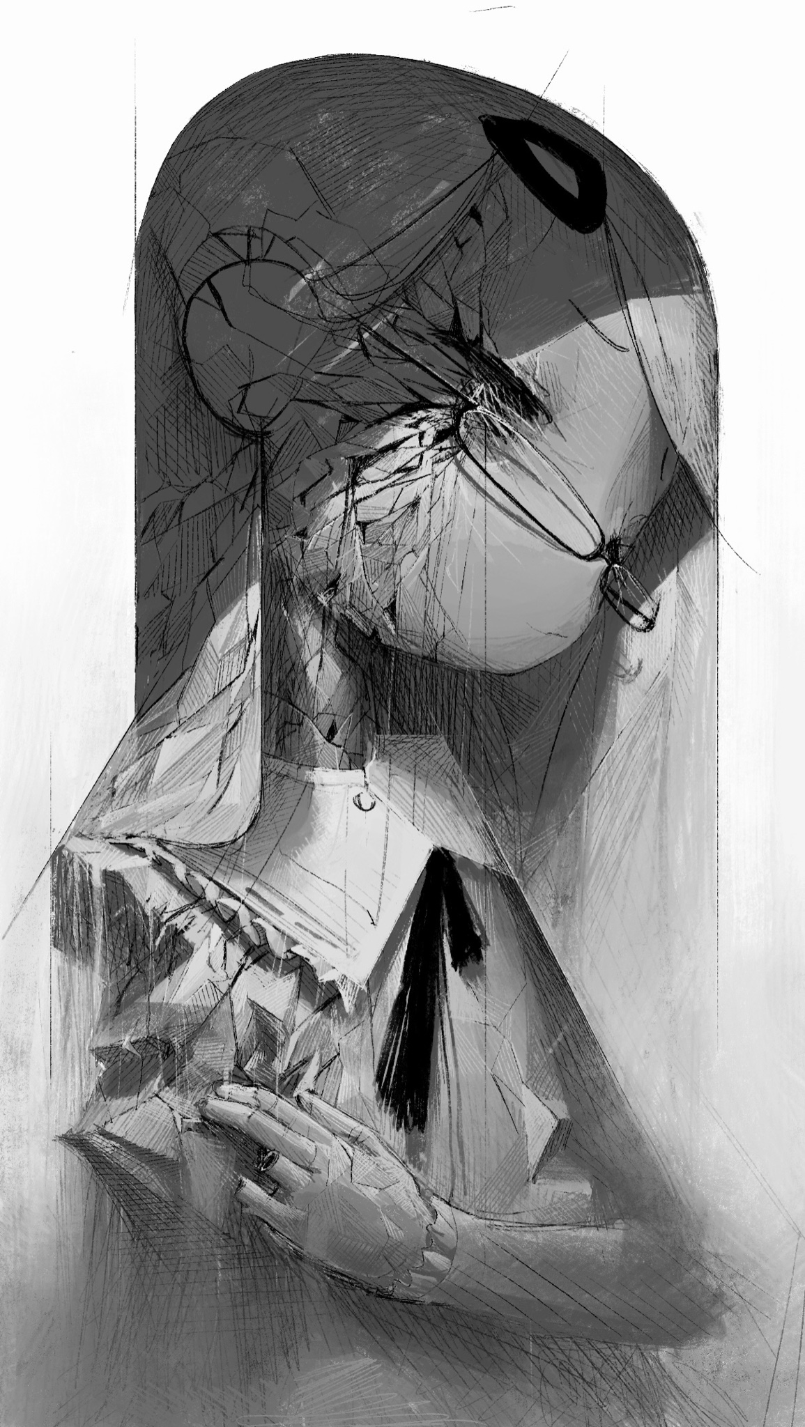 xkl3001, original, highres, cracked skin, deformed, glasses, greyscale, hair ornament, hairclip, long hair, monochrome, solo, straight hair, upper body