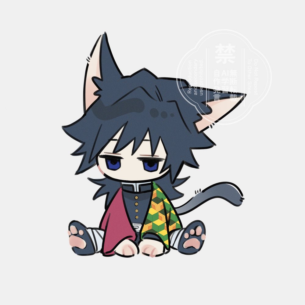 tomioka giyuu, kimetsu no yaiba, 1boy, animal ears, black hair, black jacket, blue eyes, buttons, cat boy, cat ears, cat tail, chmm 3, demon slayer uniform, english text, full body, gold buttons, haori, jacket, japanese clothes, kikkoumon, low ponytail, male focus, ponytail, print haori, red haori, simple background, sitting, solo, spiked hair, tail, watermark, white background