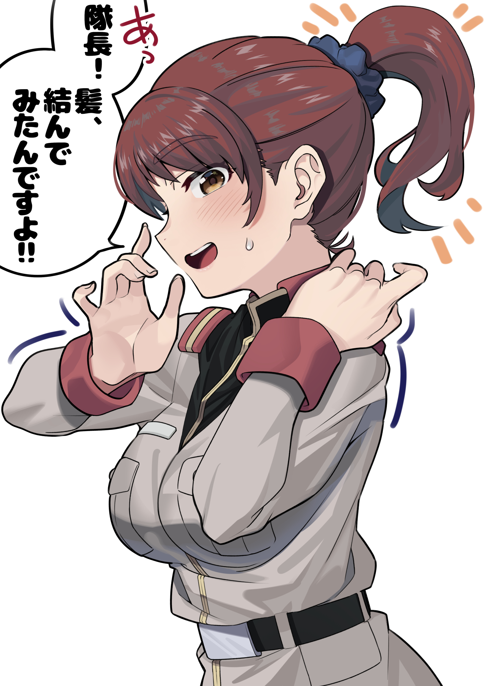 yamany, noel anderson, gundam, gundam lost war chronicles, highres, translation request, 1girl, belt, blush, breasts, brown eyes, brown hair, jacket, large breasts, looking at viewer, military, military jacket, military uniform, open mouth, ponytail, shirt, short hair, smile, solo, speech bubble, upper body