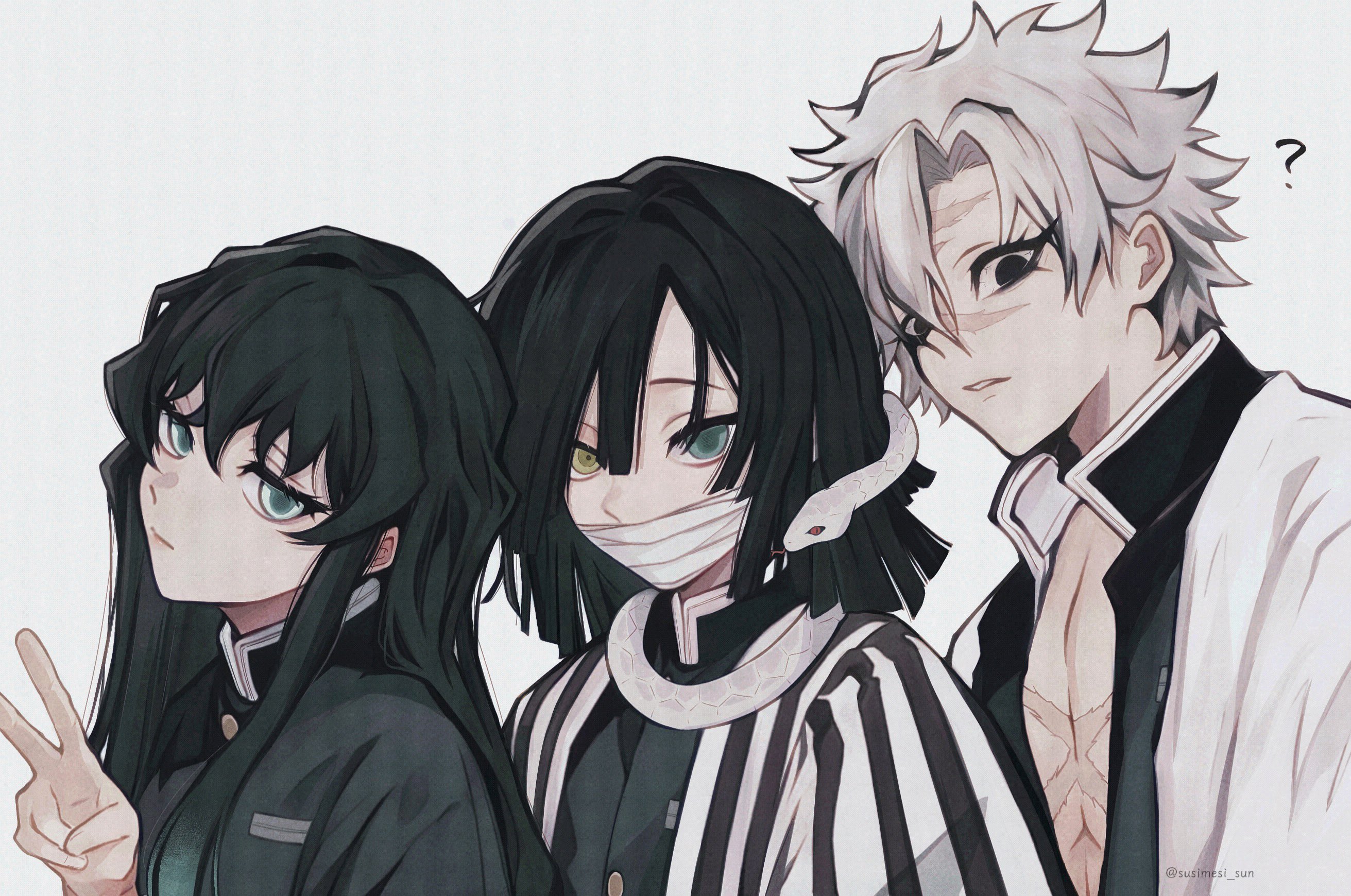 iguro obanai, shinazugawa sanemi, tokitou muichirou, kimetsu no yaiba, highres, 3boys, ?, black hair, black jacket, covered mouth, gold buttons, grey hair, hair between eyes, hand up, haori, heterochromia, jacket, japanese clothes, long hair, looking at viewer, male focus, multiple boys, parted lips, scar, scar on chest, scar on face, short hair, simple background, snake, striped haori, susimesi sun, teeth, upper body, v, white background