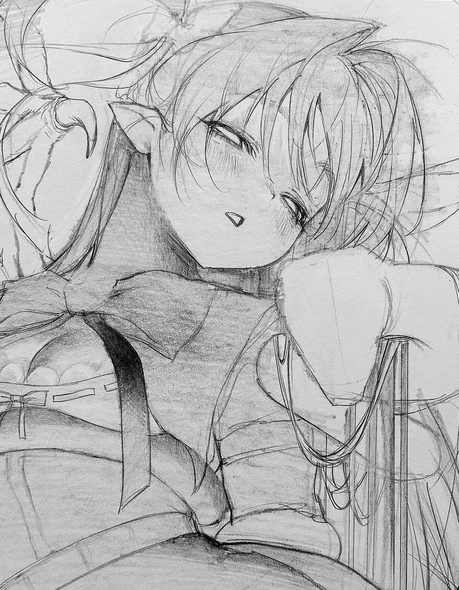 kansouki, character request, copyright request, highres, blush, breasts, cleavage, eyelashes, greyscale, long hair, monochrome, parted lips, pointy ears, small breasts, solo