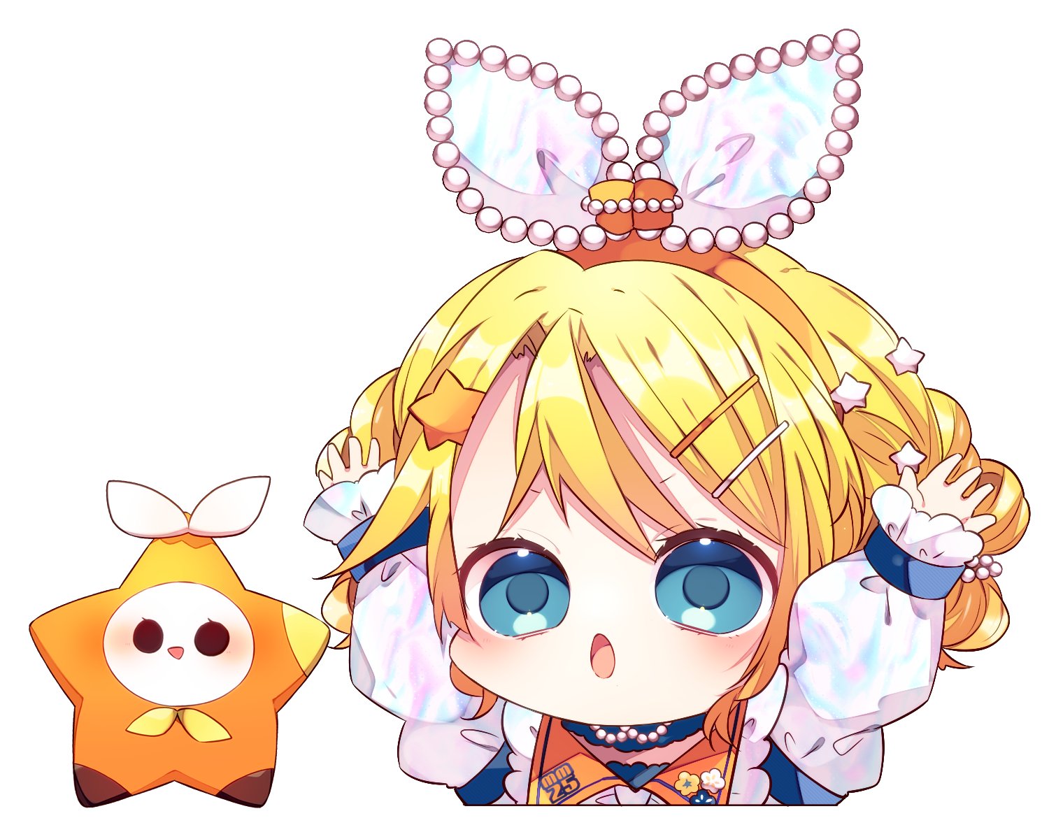 kaho 0102, kagamine rin, vocaloid, commentary, highres, 1girl, :o, arms up, blue eyes, blush, chibi, chibi only, cropped torso, double-parted bangs, hair ornament, hairband, hairclip, long sleeves, looking at viewer, open mouth, orange hairband, parallel hairclips, shirt, simple background, solo, star (symbol), star hair ornament, white background, white shirt