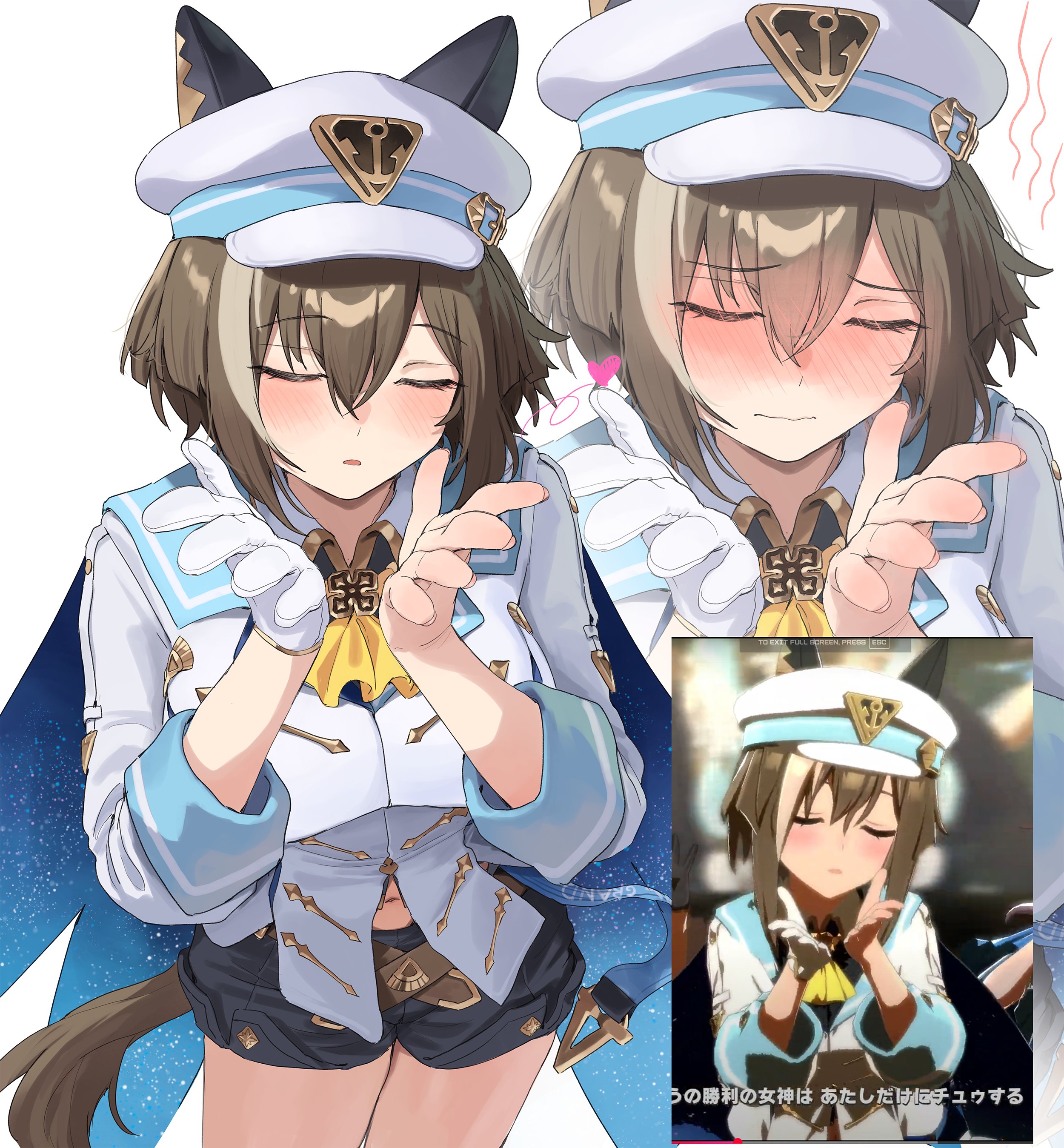 aochoku, cheval grand (umamusume), umamusume, absurdres, commentary, highres, symbol-only commentary, 1girl, animal ears, black shorts, blowing kiss, blue cape, blush, brown hair, cape, cheval grand (grand itineraire) (umamusume), closed mouth, ear covers, ears through headwear, gloves, hair between eyes, hands up, hat, horse ears, horse girl, horse tail, multicolored hair, multiple views, navel, navel peek, nose blush, open mouth, peaked cap, reference inset, shirt, short hair, short shorts, shorts, single glove, streaked hair, tail, thighs, white background, white gloves, white hair, white hat, white shirt