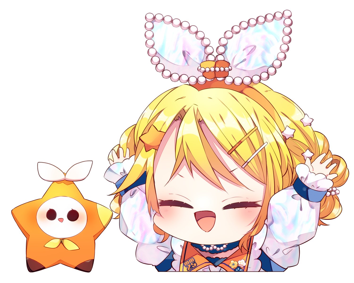 kaho 0102, kagamine rin, vocaloid, commentary, highres, symbol-only commentary, 1girl, :d, arms up, blush, chibi, chibi only, closed eyes, cropped torso, double-parted bangs, hair ornament, hairband, hairclip, long sleeves, open mouth, orange hairband, parallel hairclips, shirt, simple background, smile, solo, star (symbol), star hair ornament, white background, white shirt