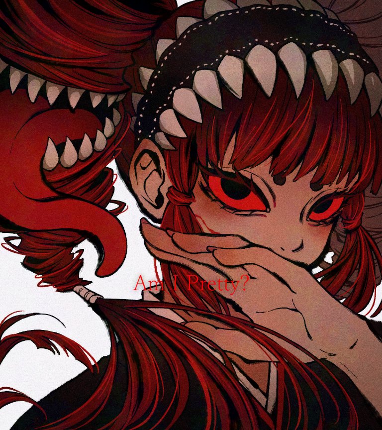 teo (teorekka), kasane teto, kuchisake-onna, utau, 1girl, black eyes, black hairband, black kimono, colored sclera, drill hair, hairband, hand up, japanese clothes, kimono, living hair, long hair, looking at viewer, red hair, red sclera, sharp teeth, simple background, solo, teeth, twin drills, white background
