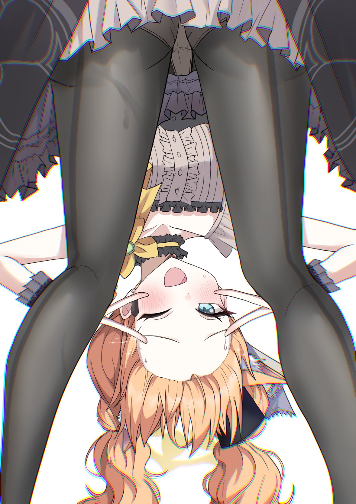 pinnyonn0375, mari (blue archive), mari (idol) (blue archive), blue archive, highres, blonde hair, breasts, double v, halo, long hair, looking at viewer, panties, pantyhose, simple background, skirt, small breasts, standing, underwear, v, white background, yellow halo