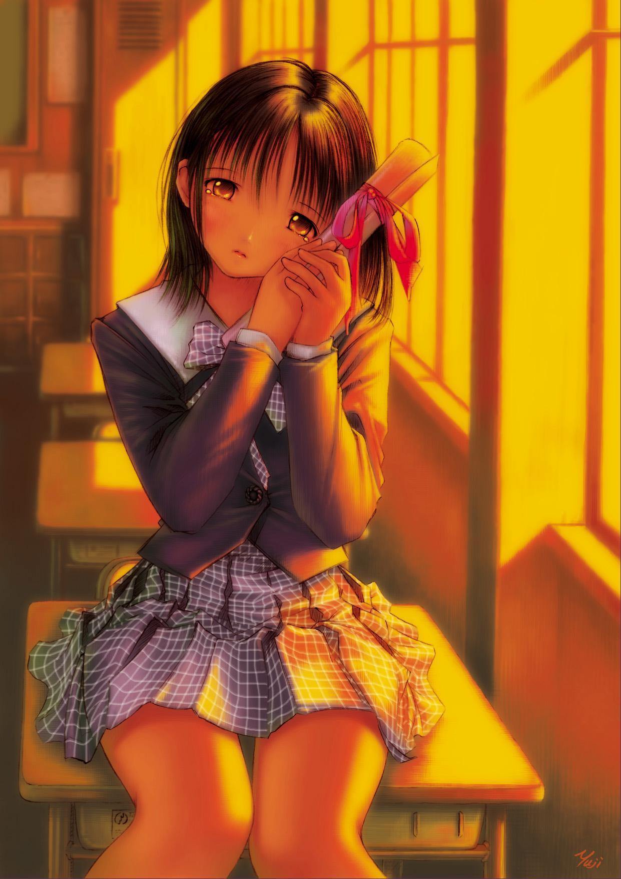 kobayashi yuji, original, highres, 1girl, black hair, blazer, bow, bowtie, chalkboard, checkered clothes, checkered skirt, classroom, desk, female focus, hair between eyes, head tilt, holding, indoors, jacket, knees together feet apart, locker, looking at viewer, miniskirt, on desk, orange eyes, parted bangs, parted lips, pleated skirt, ribbon, sad, school, school desk, school uniform, scroll, serafuku, short hair, signature, sitting, skirt, solo, sunset, thigh gap, window