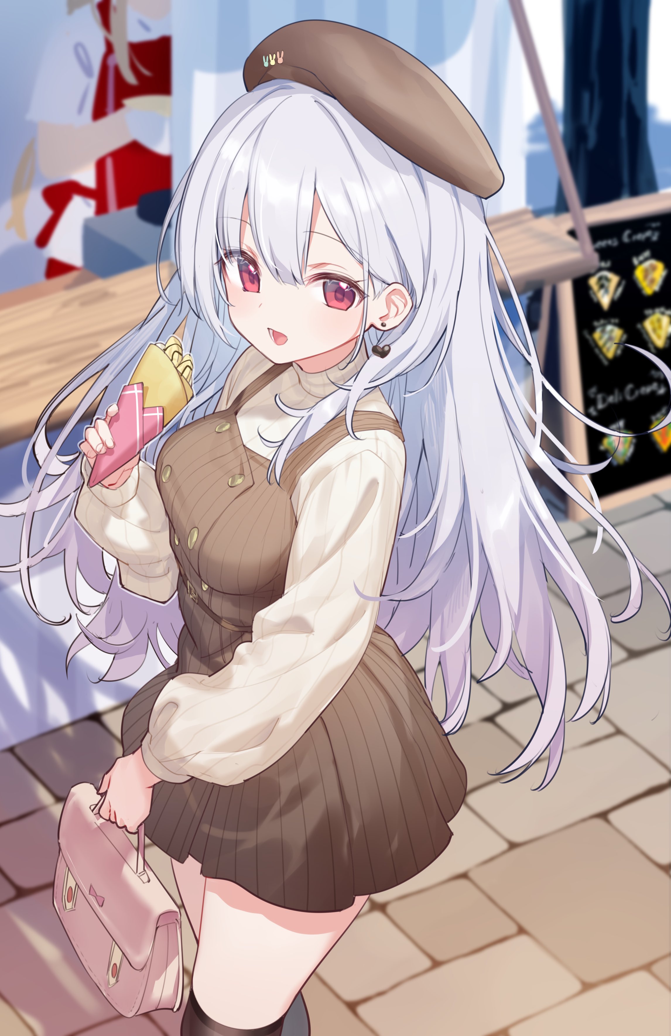 hiraga matsuri, original, absurdres, commentary, highres, 1girl, bag, beret, blurry, blurry background, brown dress, brown hat, cowboy shot, crepe, dress, earrings, food, grey hair, handbag, hat, holding, holding bag, holding food, jewelry, long hair, long sleeves, looking at viewer, open mouth, outdoors, pinafore dress, red eyes, ribbed sweater, sleeveless, sleeveless dress, solo, sweater, yellow sweater