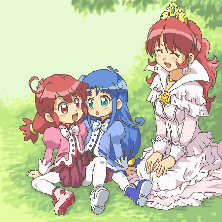 kasuga (kasuga39), elsa (futagohime), fine (futagohime), rein (futagohime), fushigiboshi no futago hime, white legwear, lowres, 00s, 3girls, ^ ^, blue eyes, blue hair, closed eyes, conjoined, dress, earrings, happy, jaggy lines, jewelry, long hair, multiple girls, oekaki, open mouth, outdoors, pantyhose, ponytail, red eyes, red hair, red skirt, sitting, skirt, smile, star (symbol), star earrings