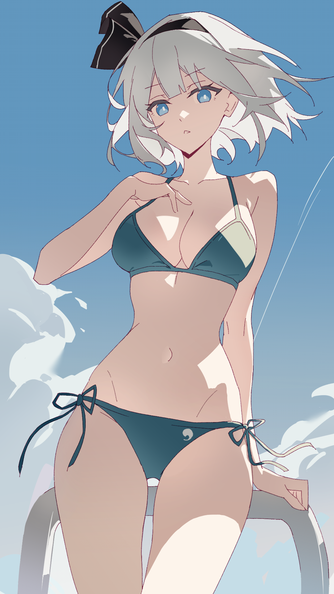 wuliwuli909, konpaku youmu, touhou, commentary, highres, 1girl, alternate costume, bikini, black hairband, black ribbon, blue sky, breasts, cleavage, cloud, collarbone, cowboy shot, day, green bikini, green eyes, grey hair, groin, hair ribbon, hairband, hand on own chest, looking at viewer, medium breasts, navel, outdoors, ribbon, short hair, side-tie bikini bottom, sky, solo, stomach, swimsuit